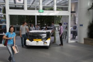 Driving Stella in entrance hall NXP's Singapore office