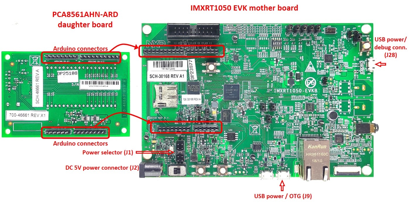 Figure 1. PCA8561AHN-ARD daughter board and IMXRT1050 EVK board, before starting