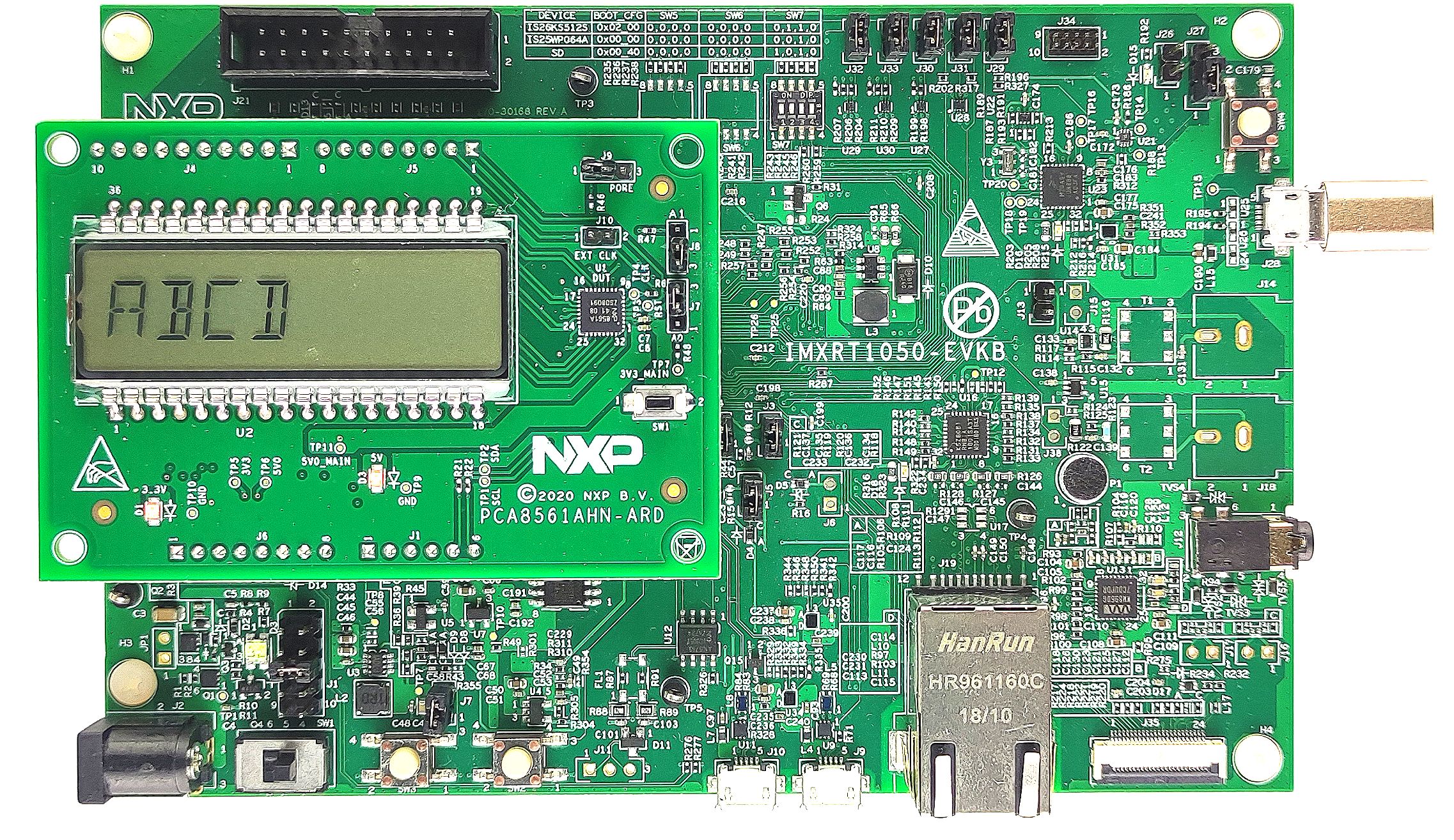 Figure 2. The assembly PCA8561AHN-ARD daughter board / IMXRT1050 EVK board operation