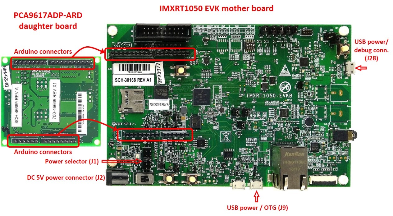 Figure 1. PCA9617ADP-ARD daughter board and IMXRT1050 EVK board, before starting