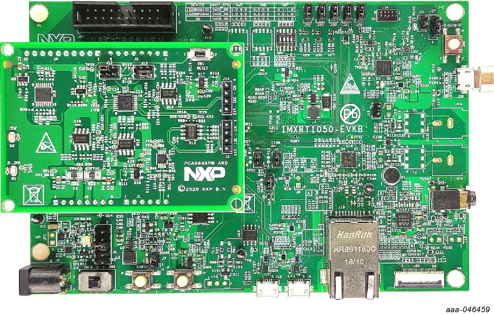 Figure 2. The assembly PCA9846PW-ARD daughter board / IMXRT1050 EVK board operation