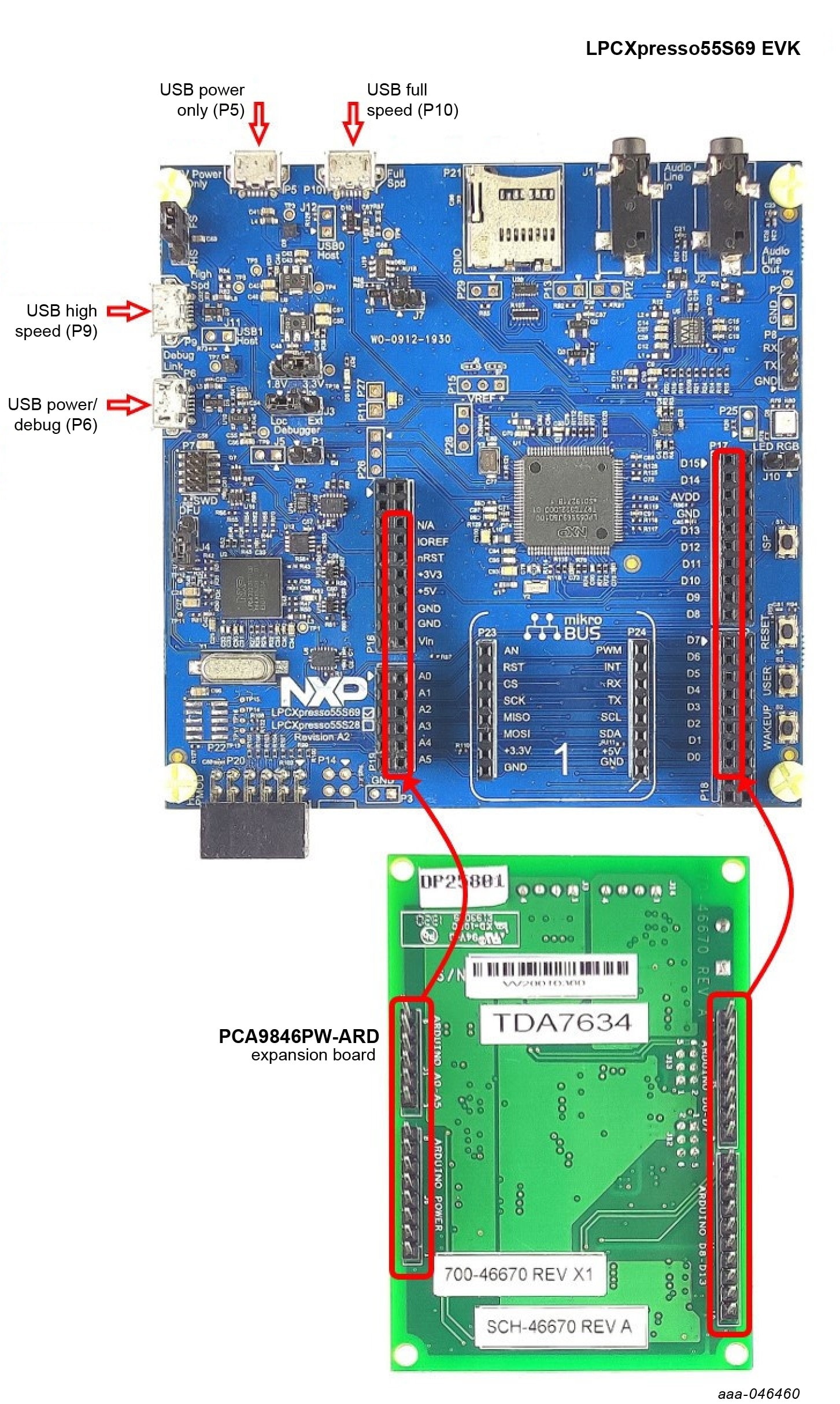 Figure 3. PCA9846PW-ARD daughter board and LPCXpresso55S69 mother board, before starting
