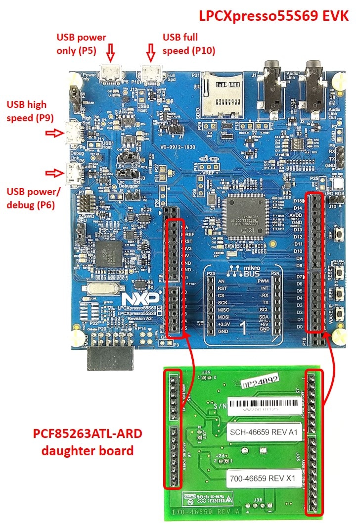Figure 3. PCF85263ATL-ARD daughter board and LPCXpresso55S69 mother board, before starting