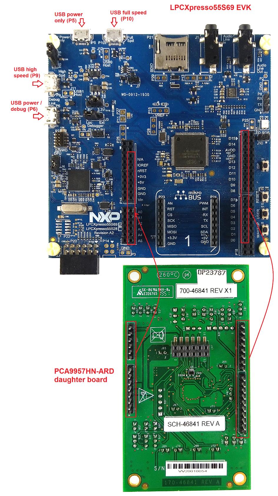 Figure 3. PCA9957HN-ARD expansion board and LPC55S69-EVK mother board