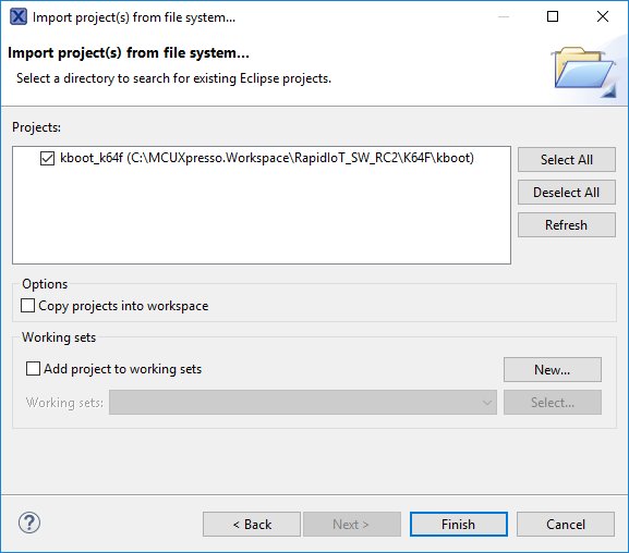 Figure 27.  Finalize Project Import in MCUXpresso