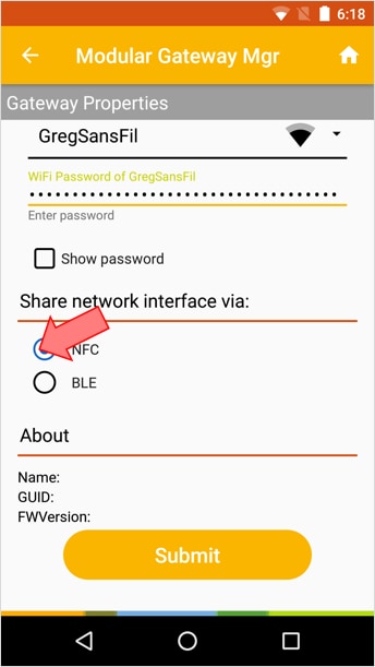 Figure 54. Transfer WiFi details to the Gateway over NFC 
