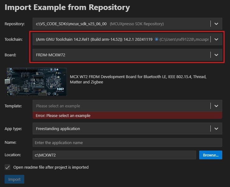 Clone an example project from MCUXpresso IDE - step 2