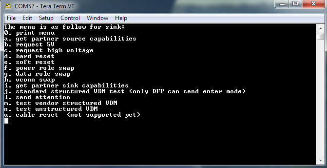 10. Write 0 at the sink terminal. The following menu will be printed in the debug console.