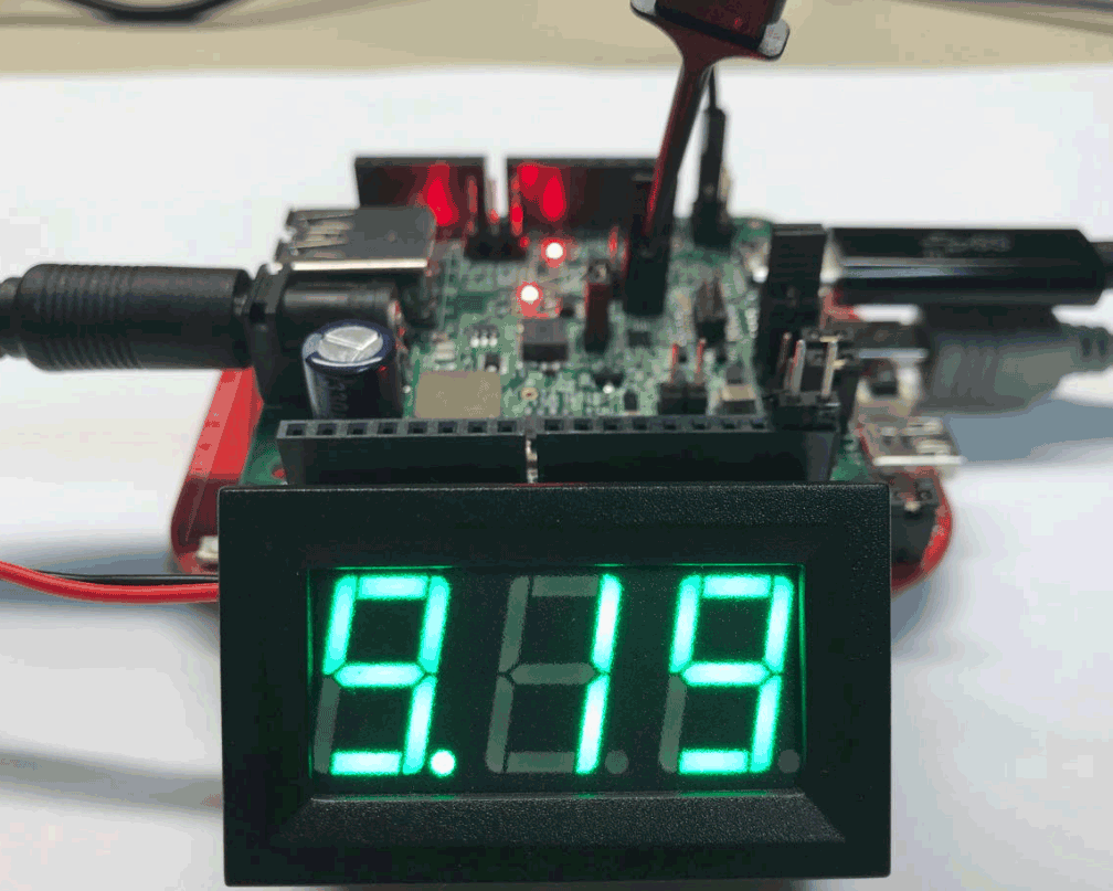 11. Input c to make a 9 V request. After the request is complete, the voltmeter shows approximately 9 V