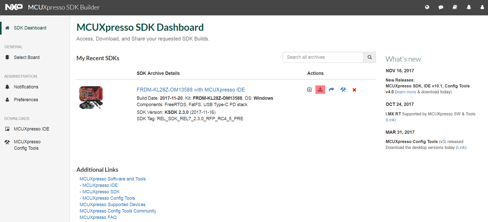 8. Inside the SDK Dashboard look for the recently built SDK then click Download icon