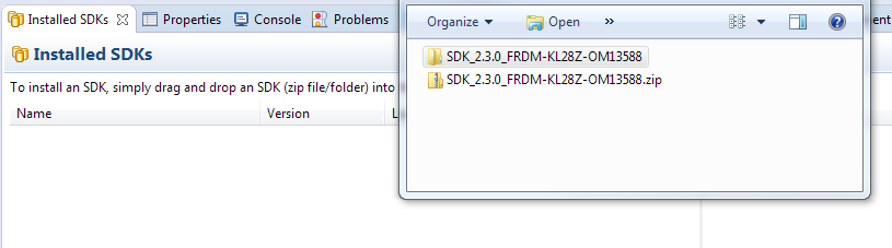 3. Open Windows Explorer, drag and drop the FRDM-KL87Z-OM13588 SDK (unzipped) file into the Installed SDKs view.